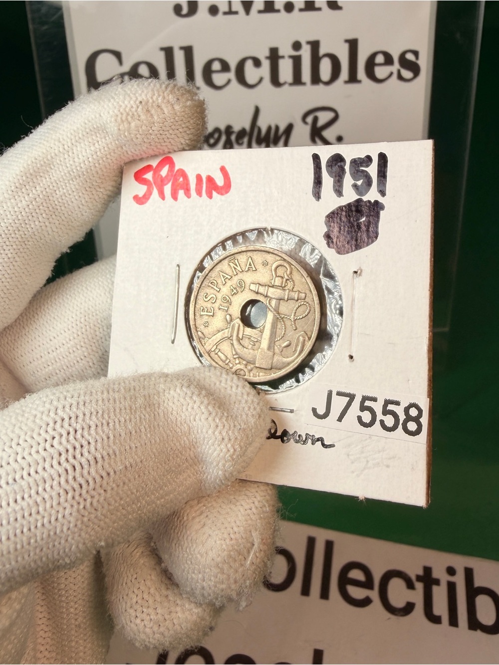 Scarce 1949 (1951 Star) Spain 50 Céntimos - "Arrows Down" Error Subtype - Holed